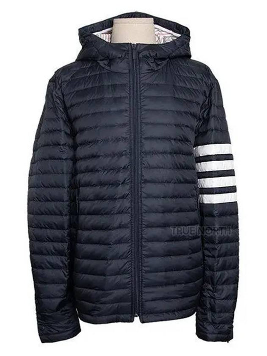 Matte Nylon 4-Bar Stripe Downfill Quilted Hoodie Padding Navy - THOM BROWNE - BALAAN 2