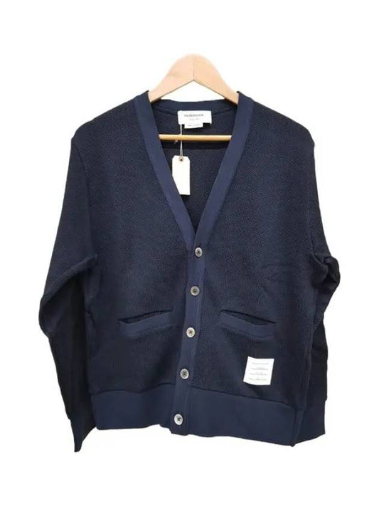 4 Bar V-neck Knit Cotton Cardigan Navy - THOM BROWNE - BALAAN 1