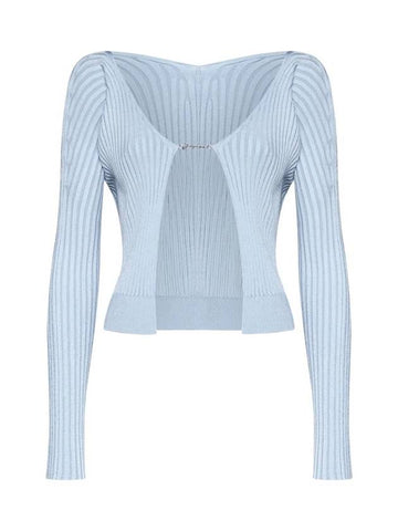 La Maille Pralu Longue Micro Charm Logo Cardigan Light Blue - JACQUEMUS - BALAAN 1