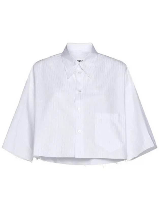 Pinstripe Poplin Cropped Cotton Short Sleeve Shirt White - MAISON MARGIELA - BALAAN 2