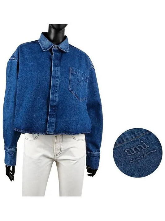 Ami Embroied Crop Long Sleeve Shirt Denim Blue - AMI - BALAAN 2