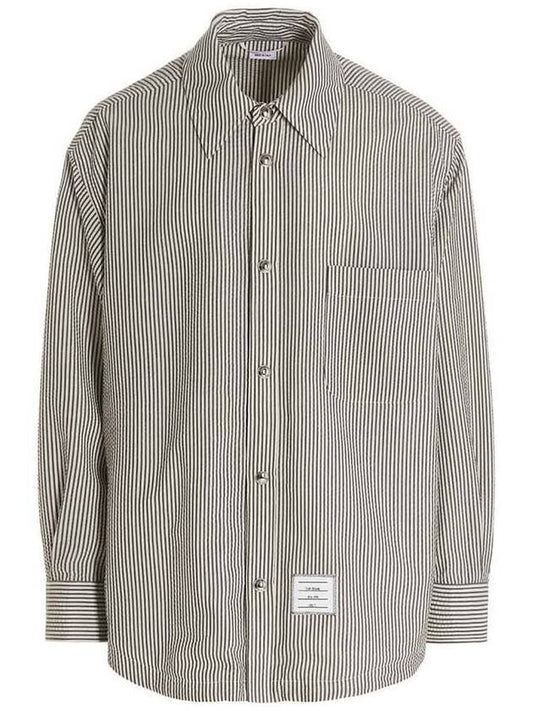 Seersucker Stripe Oversize Long Sleeve Shirt Grey - THOM BROWNE - BALAAN.