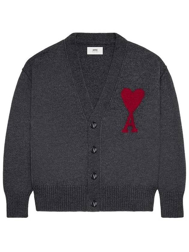 Heart Logo V Neck Wool Cardigan Heather Grey - AMI - BALAAN 2