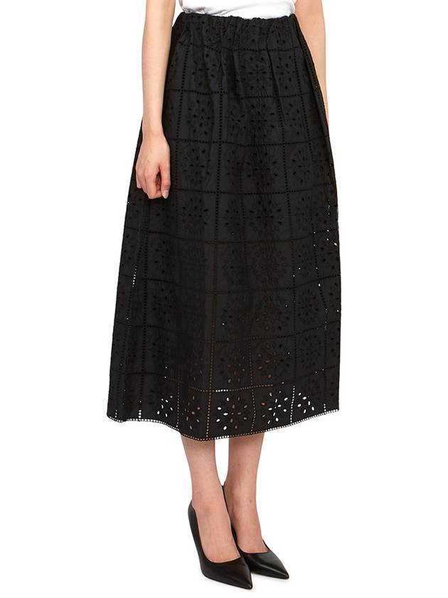 Embroidered Anglaise Midi Cotton A-Line Skirt Black - GANNI - BALAAN 4