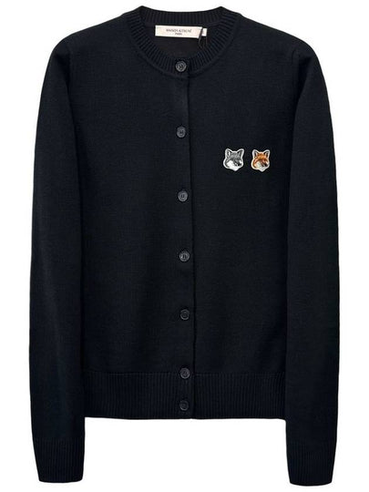 Double Fox Head Patch Round Neck Cardigan Black - MAISON KITSUNE - BALAAN 2