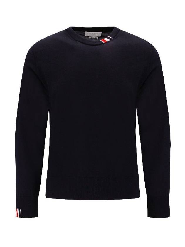 Intarsia Stitch Crew Neck Merino Wool Knit Top Navy - THOM BROWNE - BALAAN 7