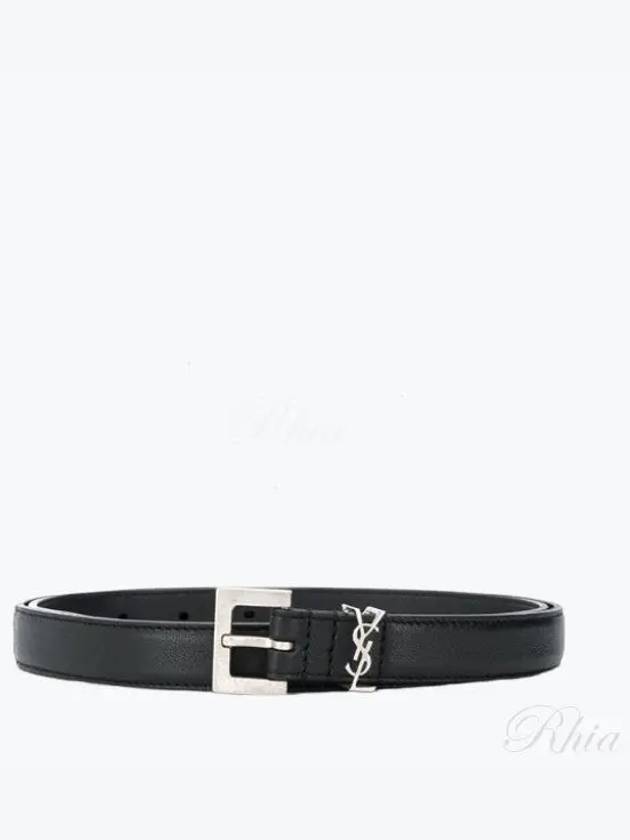 Men's Monogram Silver Buckle Leather Belt Black - SAINT LAURENT - BALAAN 2