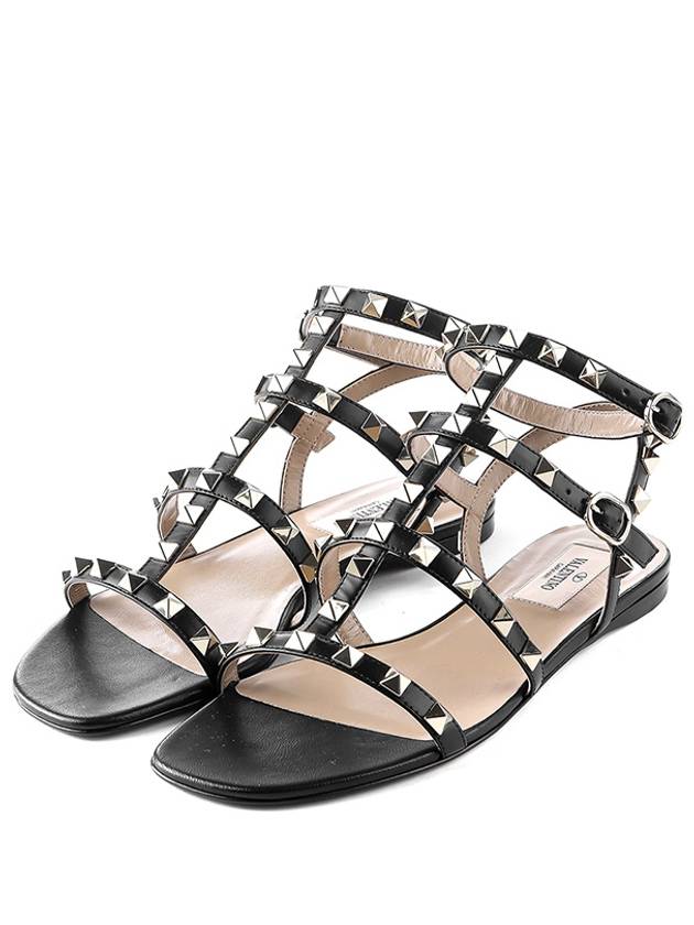 Women's Rockstud Strap Flat Sandals Black - VALENTINO - BALAAN.