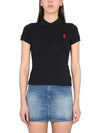 Embroidered Heart Logo Short Sleeve Polo Shirt Black - AMI - BALAAN 3