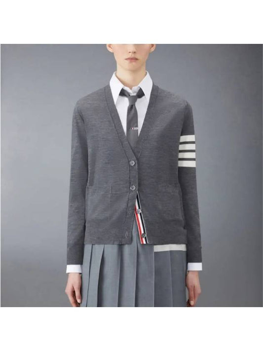 Sustainable Fine Merino Wool 4-Bar Relaxed Fit V-Neck Cardigan Medium Grey - THOM BROWNE - BALAAN 2