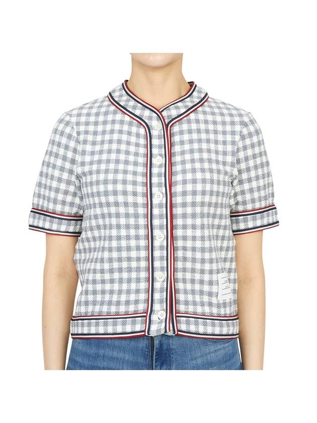 Women's Gingham Stripe Trimmed Short Sleeve Cardigan Medium Grey - THOM BROWNE - BALAAN 2