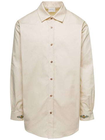 Beige Shirt With  Drôle Fleurie Embroidery On Cuffs And Back In Cotton Man - DROLE DE MONSIEUR - BALAAN 1