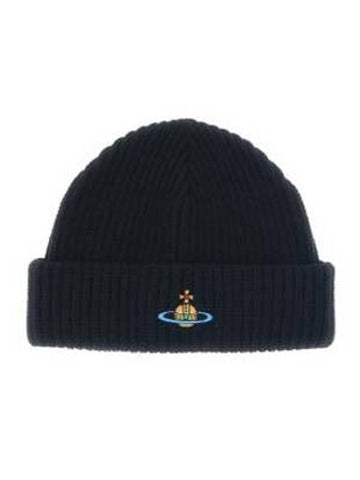 Embroidered ORB Logo Ribbed Knit Beanie Black - VIVIENNE WESTWOOD - BALAAN 1