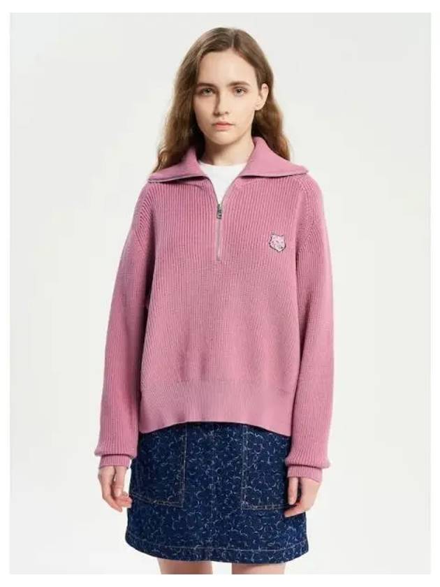 Women s bold foxhead patch half zip up wrinkled sweatshirt rosebud domestic product - MAISON KITSUNE - BALAAN 1