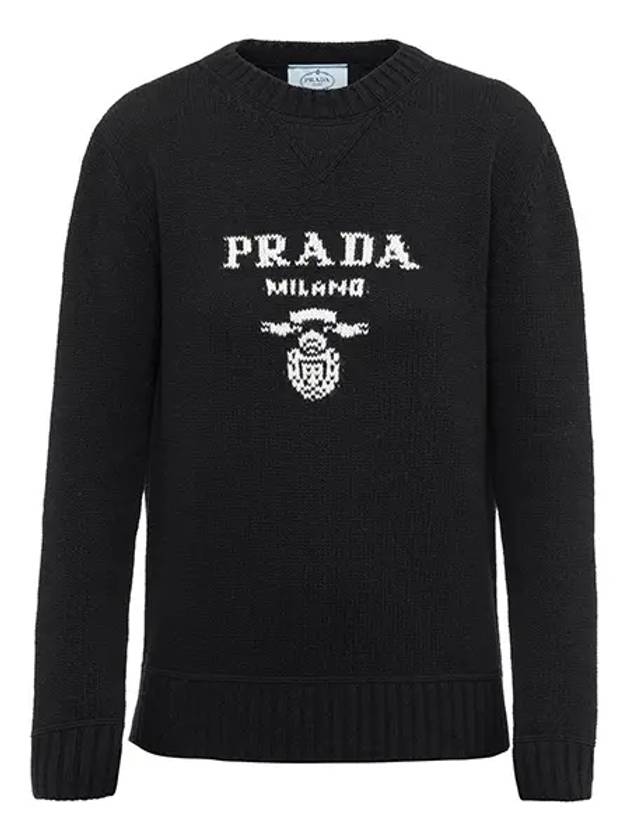 logo crew neck cashmere knit top black - PRADA - BALAAN.