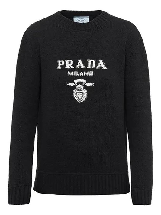 Logo Crew Neck Wool Cashmere Knit Top Black - PRADA - BALAAN 2