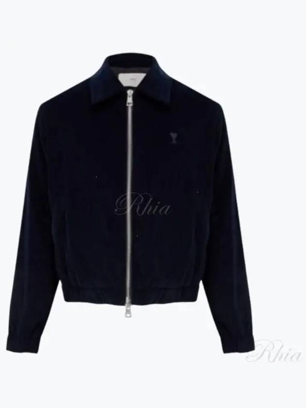 Heart Logo Corduroy Cotton Zip-Up Jacket Navy - AMI - BALAAN 2