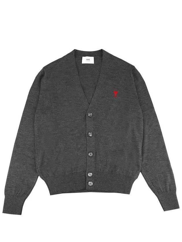 Red Heart Logo Merino Wool Cardigan Heather Grey - AMI - BALAAN 2