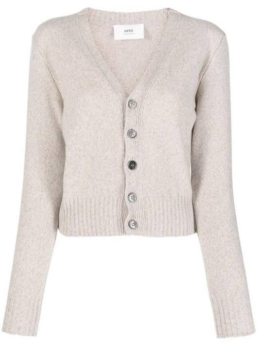 Embroidered Heart Logo Cashmere Cardigan Champagne - AMI - BALAAN 1