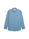 Embroidered Heart Logo Denim Long Sleeve Shirt Blue - AMI - BALAAN 1