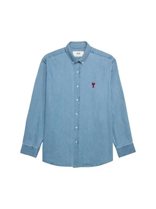 Embroidered Heart Logo Denim Long Sleeve Shirt Blue - AMI - BALAAN 1