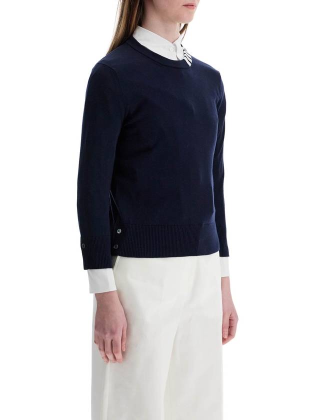 navy blue cotton sweatshirt with 4 stripes crew neck - THOM BROWNE - BALAAN 2