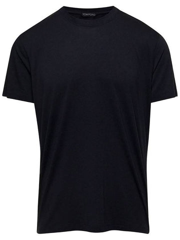 Black Basic Crewneck T-Shirt With Tonal Stitching In Cotton Blend Man - TOM FORD - BALAAN 1