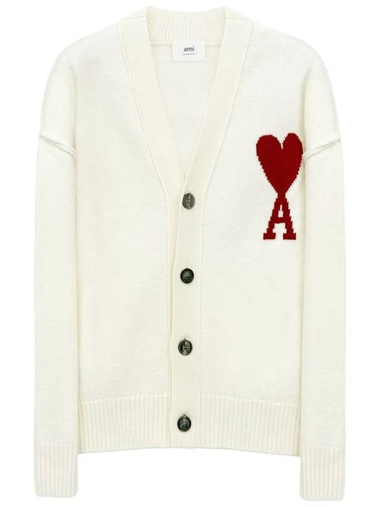 Heart Logo V Neck Wool Cardigan Off White - AMI - BALAAN 2