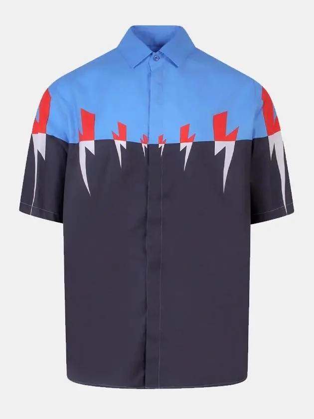 Men's Bowling Tiger Bolt Print Short Sleeve Shirt Black Blue - NEIL BARRETT - BALAAN 2