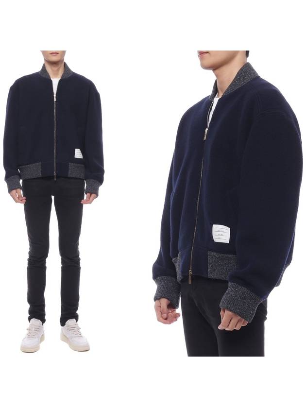 Fleece Stripe Wool Bomber Jacket Navy - THOM BROWNE - BALAAN 3