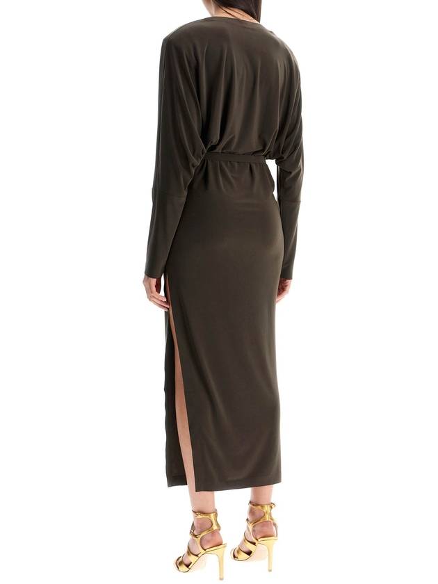 brown midi slim long dress with v-neck and side slit - NORMA KAMALI - BALAAN 3