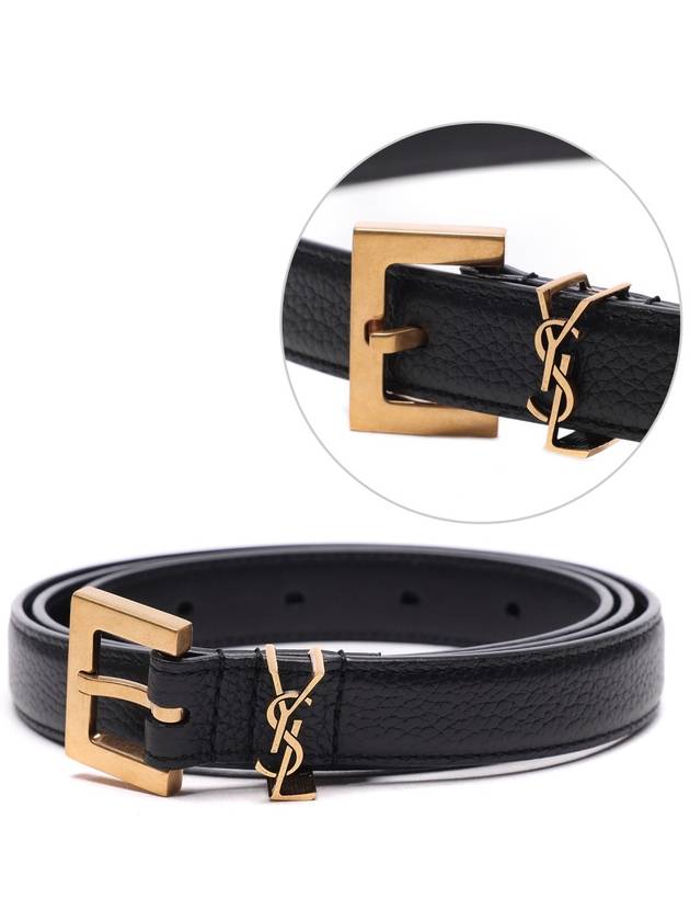 Cassandre Grained Leather Square Buckle Thin Belt Black - SAINT LAURENT - BALAAN 3