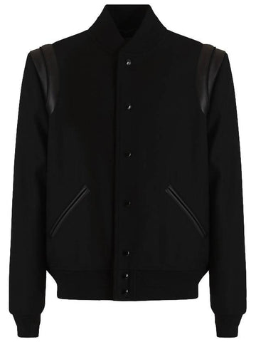 Men's Teddy Light Wool Stadium Bomber Jacket Black - SAINT LAURENT - BALAAN 1