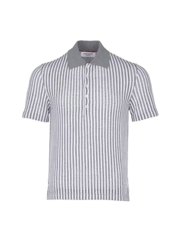 Striped Short Sleeve Polo Shirt Grey - THOM BROWNE - BALAAN 1