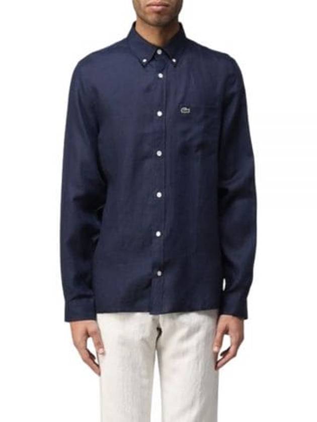 Logo Patch Linen Long Sleeve Shirt Navy - LACOSTE - BALAAN 2