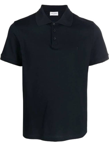 Men's Monogram Cotton Short Sleeve Polo Shirt Navy - SAINT LAURENT - BALAAN 1