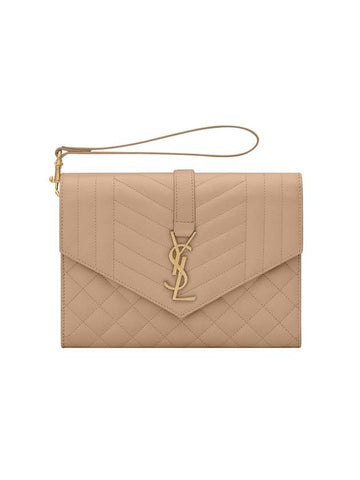 Matelasse Gold Logo Strap Clutch Bag Dark Beige - SAINT LAURENT - BALAAN 1