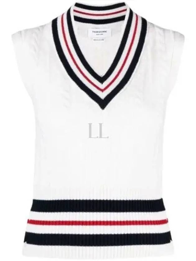 RWB Cable V Neck Cashmere Vest White - THOM BROWNE - BALAAN 2