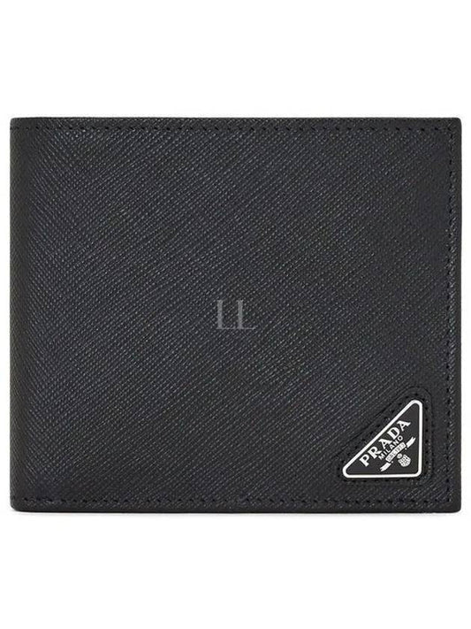 Triangle Logo Saffiano Half Wallet Black - PRADA - BALAAN 2