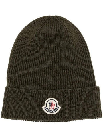 Logo Patch Wool Beanie Olive Green - MONCLER - BALAAN 1