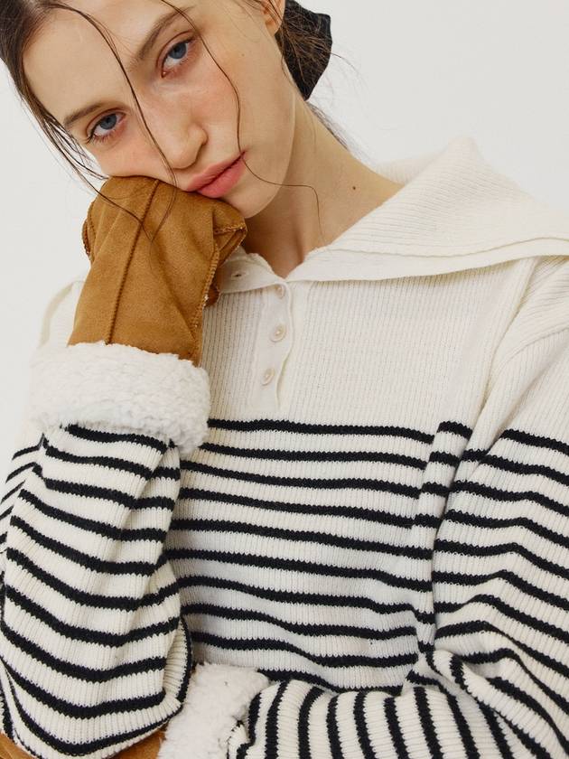 Open Collar Knit Top Ivory Stripe - LESEIZIEME - BALAAN 3