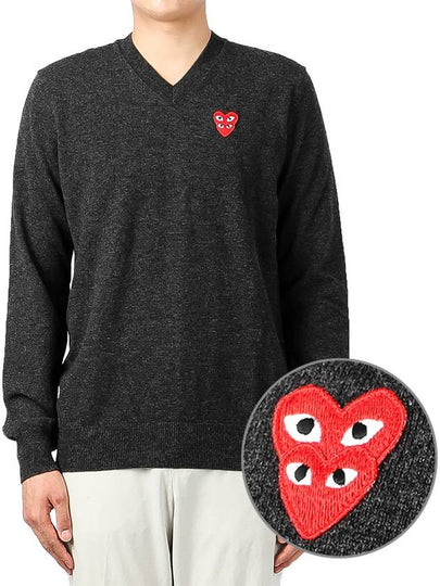 Double Heart Wappen V-Neck Knit Top Grey - COMME DES GARCONS PLAY - BALAAN 2