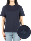 Embroidered Logo Cotton Short Sleeve T-Shirt Navy - TORY BURCH - BALAAN 2