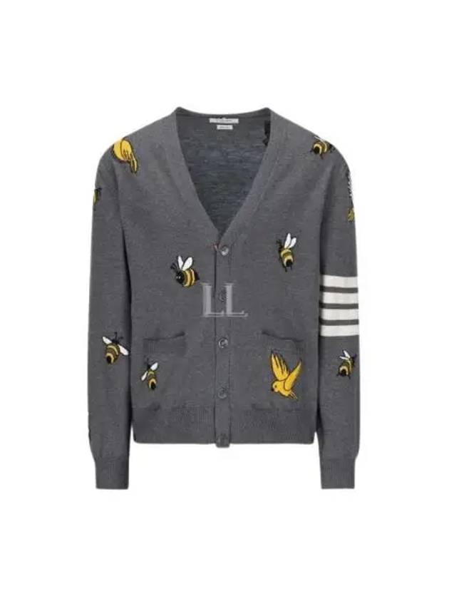 Men's Merino Bird Bee 4 Bar V-Neck Merino Cotton Cardigan Medium Grey - THOM BROWNE - BALAAN 2