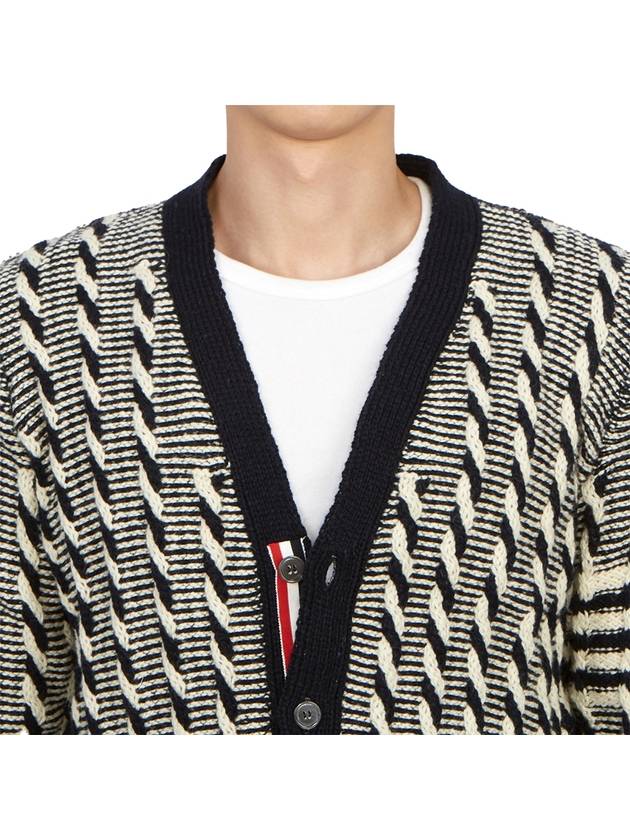 4-bar V-neck Twist Cable Knit Cardigan Navy - THOM BROWNE - BALAAN 9