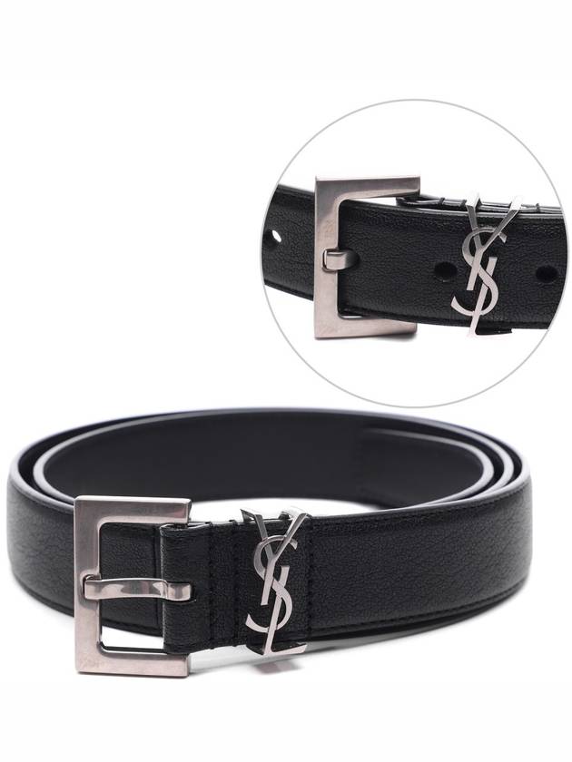 Silver Hardware Monogram Buckle Leather Belt Black - SAINT LAURENT - BALAAN 2