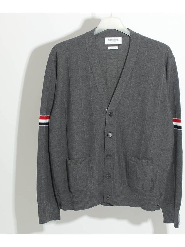 RWB V-neck Striped Virgin Wool Cardigan Grey - THOM BROWNE - BALAAN 2