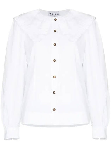 Ruffle Wide Poplin Blouse White - GANNI - BALAAN 1