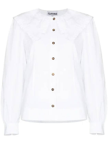 Ruffle Wide Poplin Blouse White - GANNI - BALAAN 1