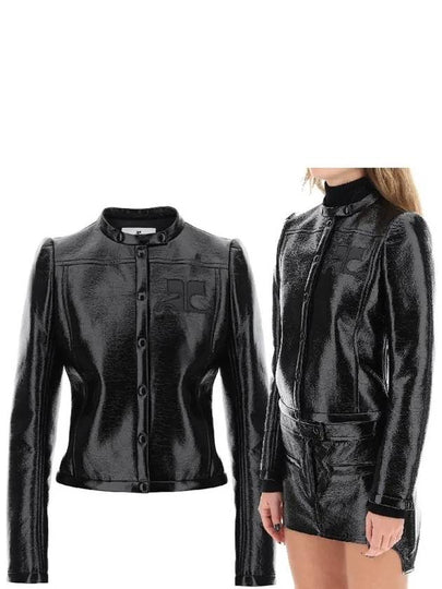 Women's Iconic Vinyl Logo Appliq Biker Jacket Black - COURREGES - BALAAN 2